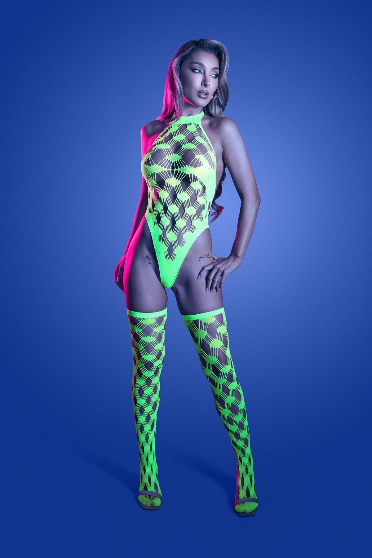 Adrenaline Teddy and Stockings Set in neon green front view