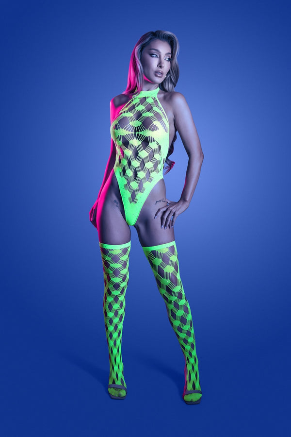 Adrenaline Teddy and Stockings Set in neon green front view
