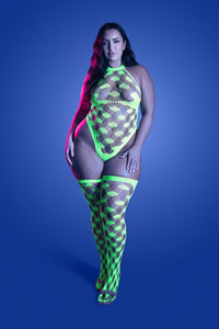 Plus Size Adrenaline Teddy and Stockings Set in neon green back view