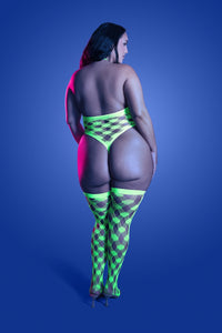 Plus Size Adrenaline Teddy and Stockings Set glowing under UV light