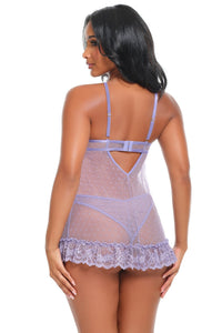 Amira purple haze sheer lace chemise, back on model
