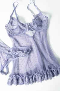 Amira purple haze lace chemise and matching panty flat lay