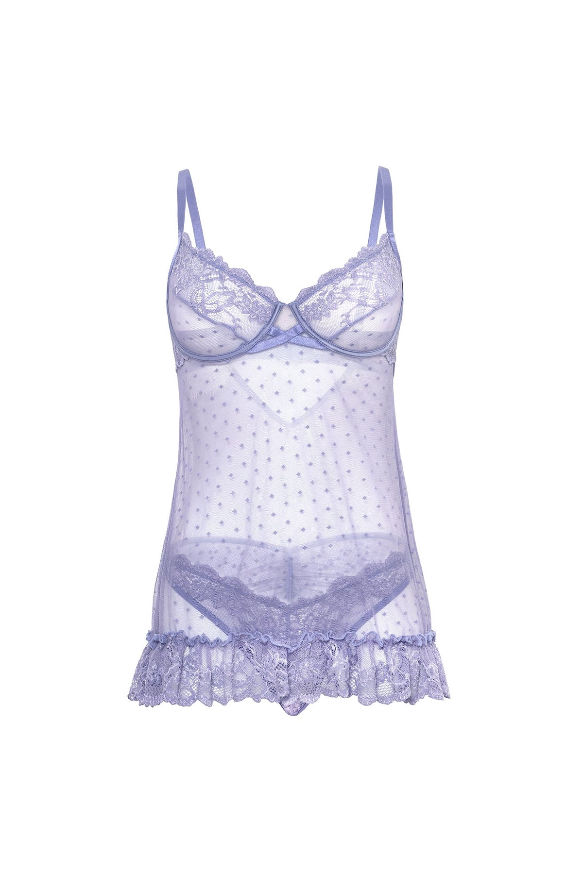Amira lilac dotted sheer mesh lace chemise front product view