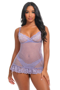 Amira purple haze dotted lace chemise, front on model