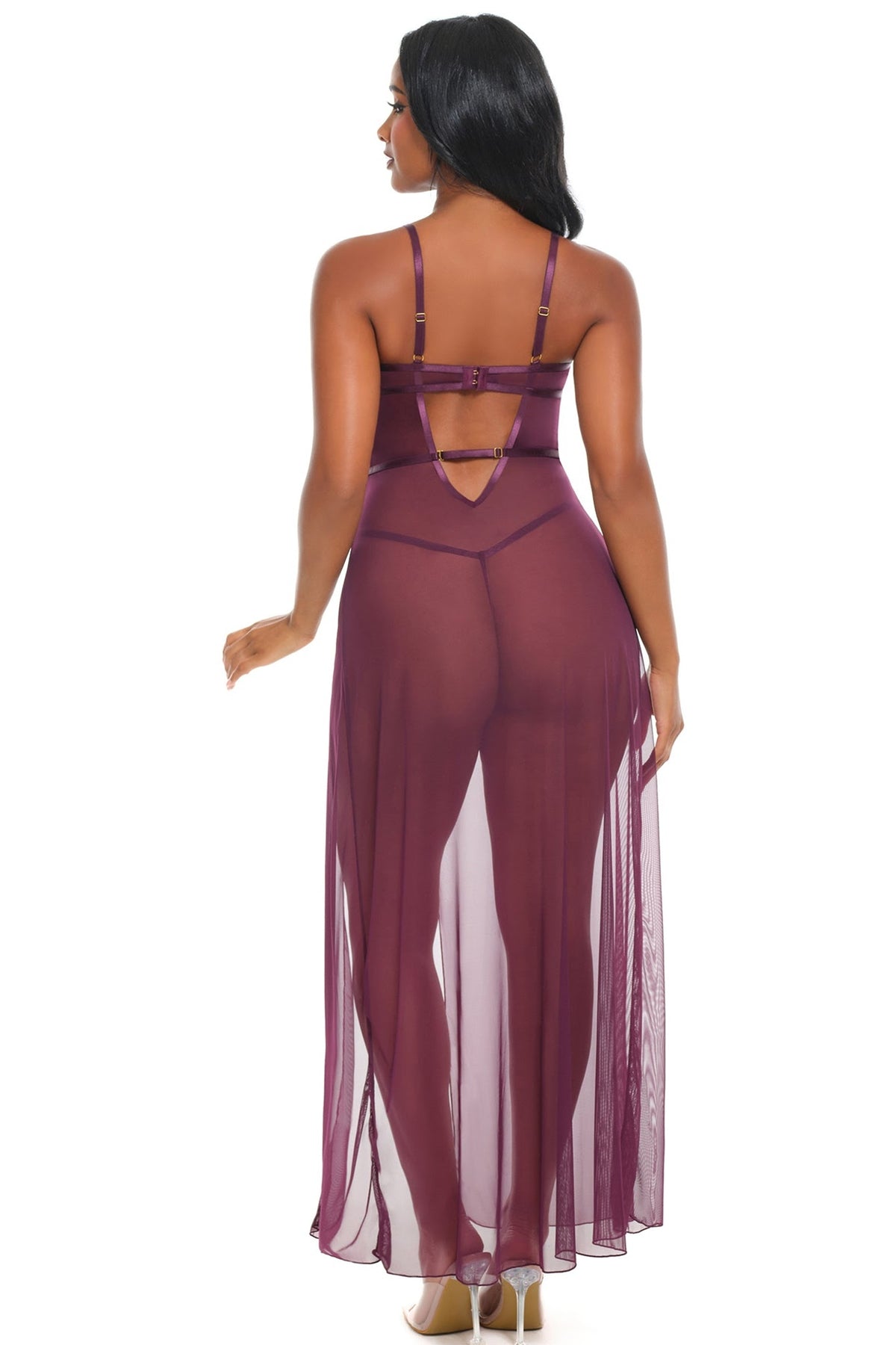 Antonella burgundy sheer lace gown back view