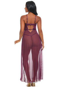 Antonella burgundy sheer lace gown back view