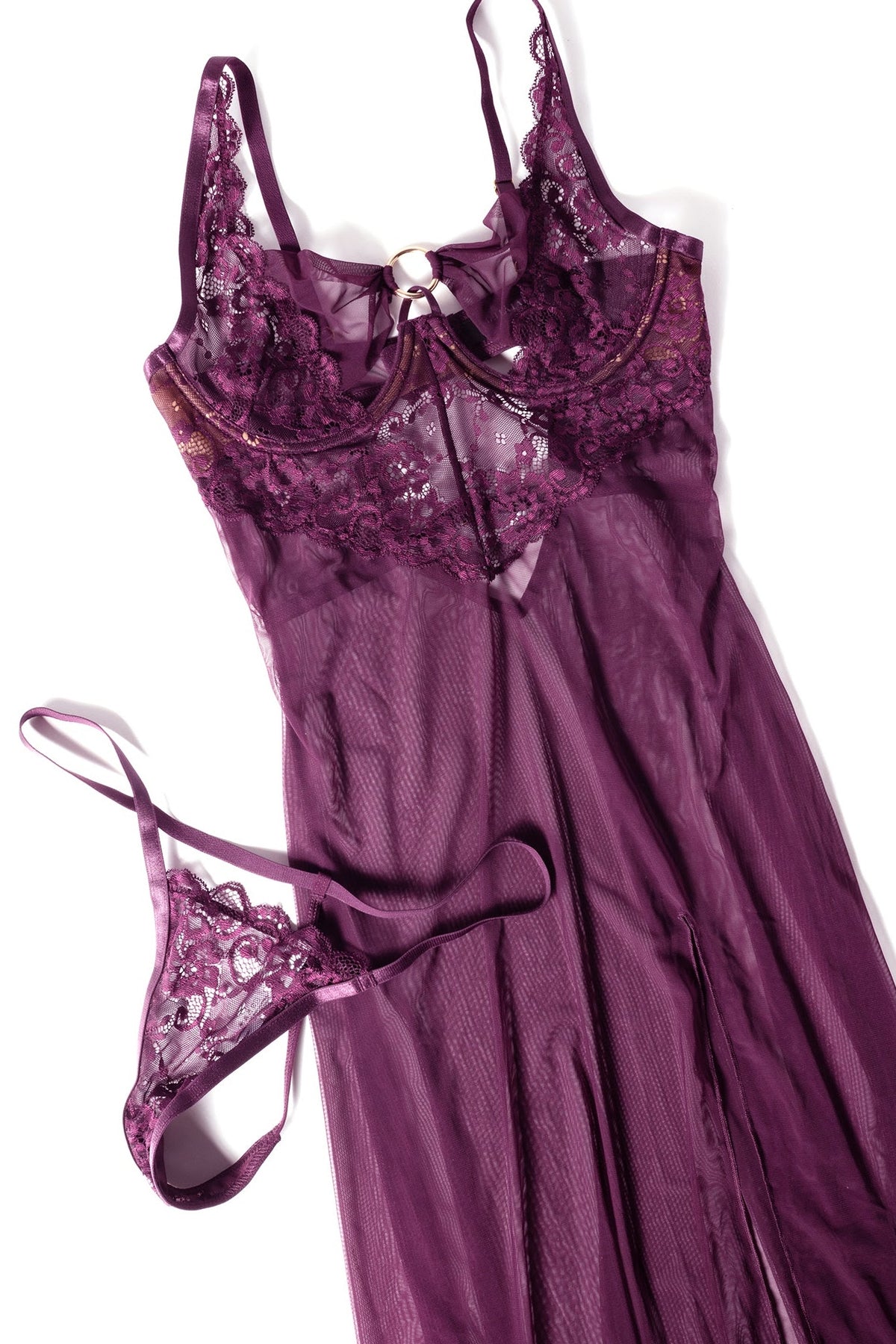 Antonella burgundy mesh and lace gown with coordinating lace G-string laid flat