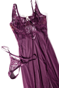 Antonella burgundy mesh and lace gown with coordinating lace G-string laid flat