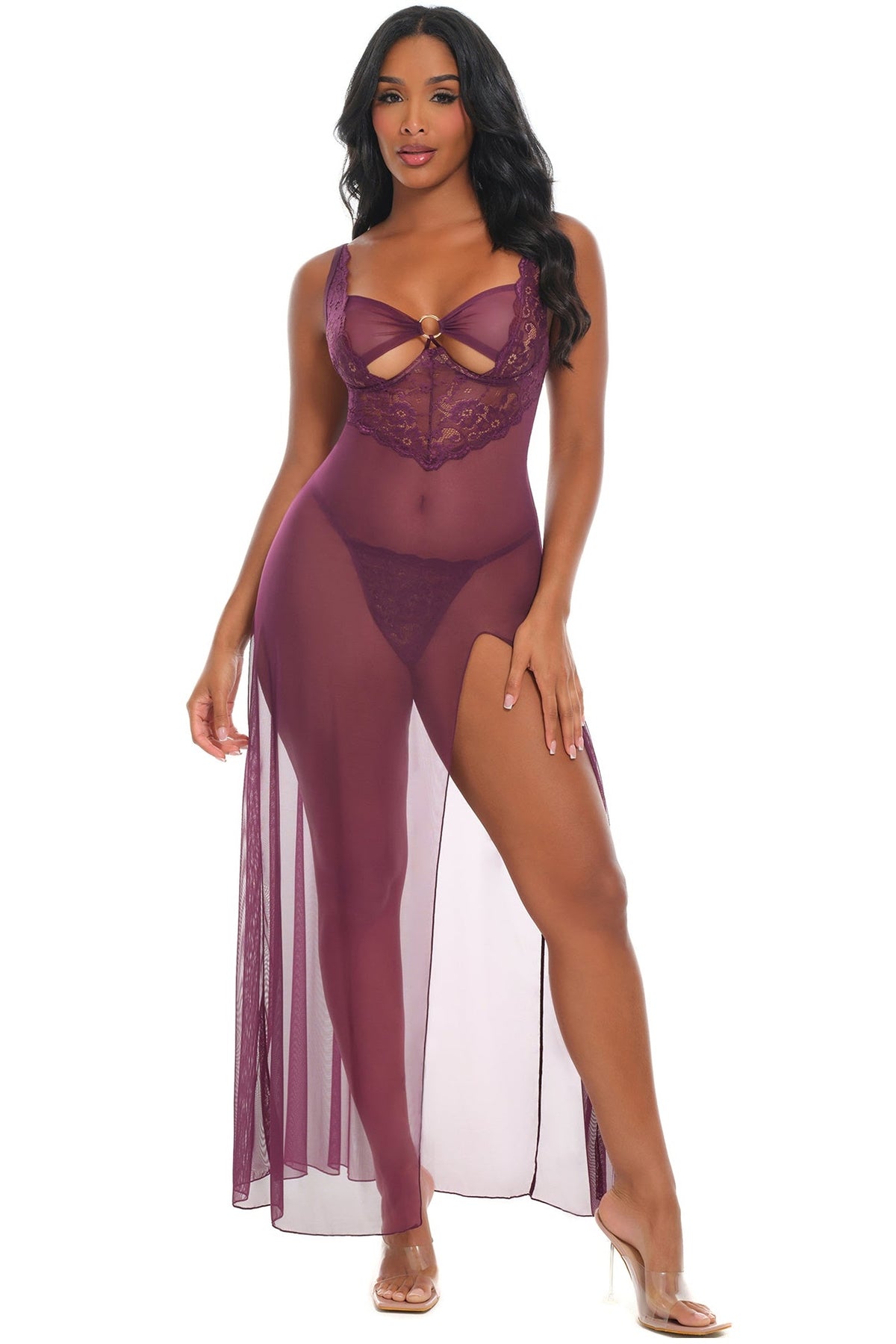 Antonella sheer burgundy lace gown front view with slit and O-ring neckline