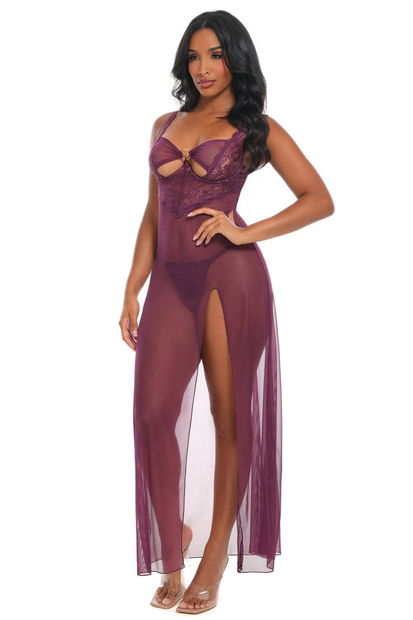 Antonella burgundy sheer underwire lace gown angled front view
