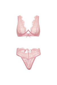Beatriz pink lace bra set flat lay
