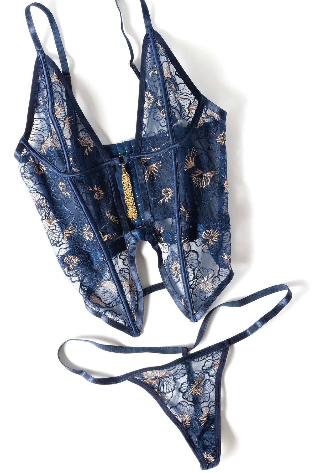Bleu floral embroidered navy bustier set and micro G-string flat lay