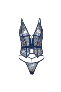 Bleu navy and gold embroidered boned bustier and matching G-string front product