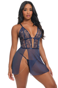Bleu sheer navy embroidered babydoll on model angled front view