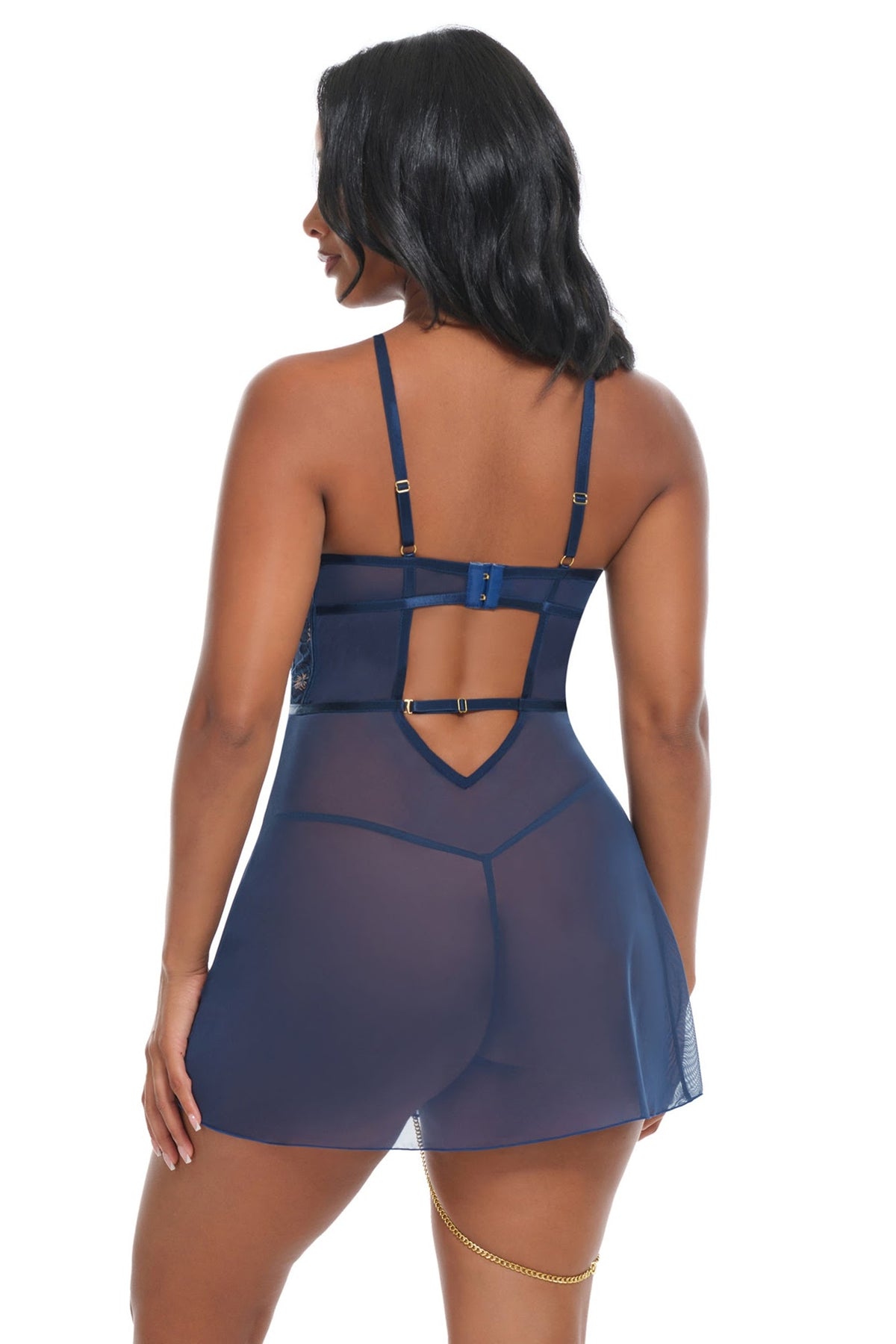 Bleu sheer navy babydoll and G-string back view