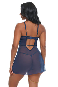 Bleu sheer navy babydoll and G-string back view