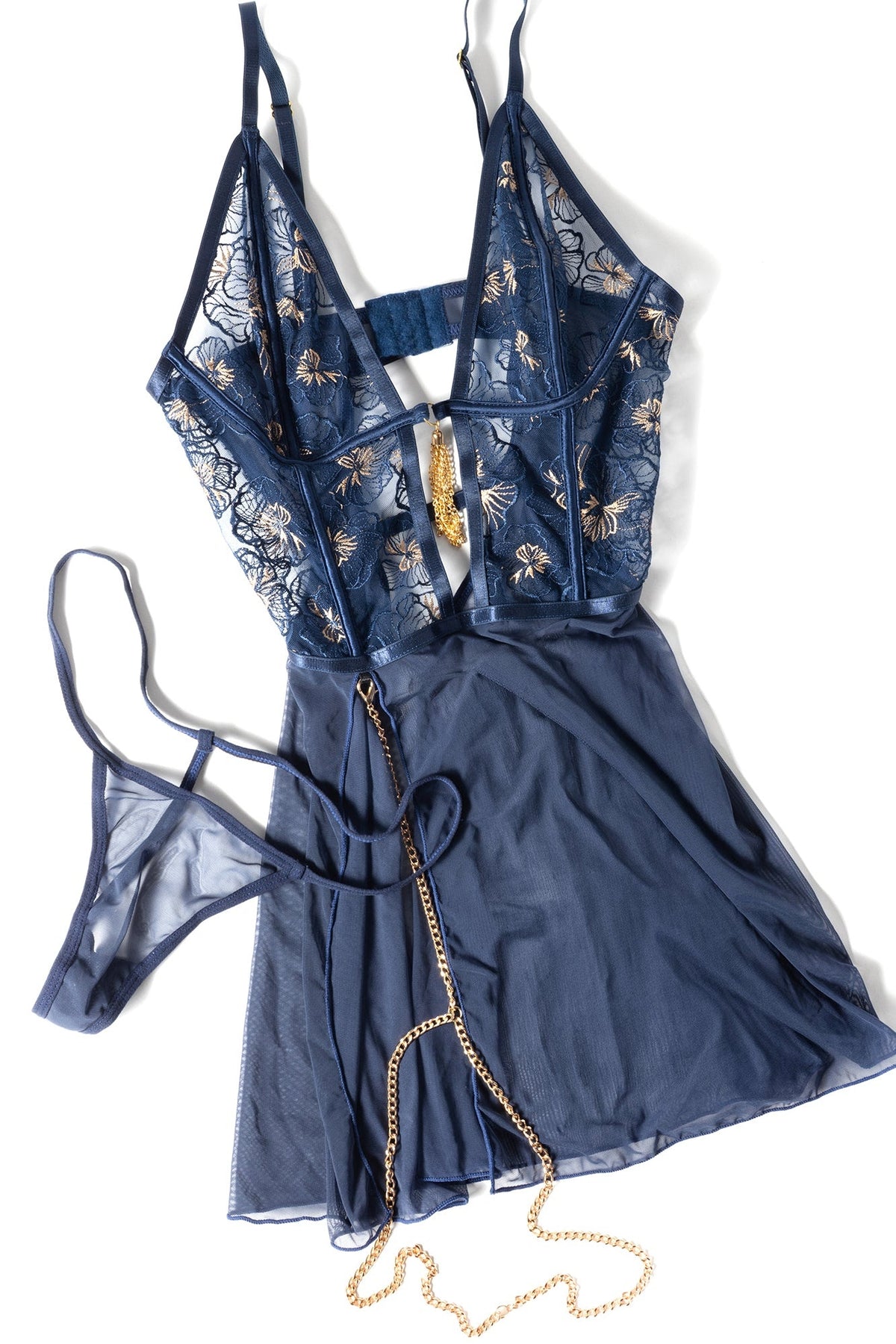 Bleu sheer floral embroidered navy babydoll flat lay with G-string