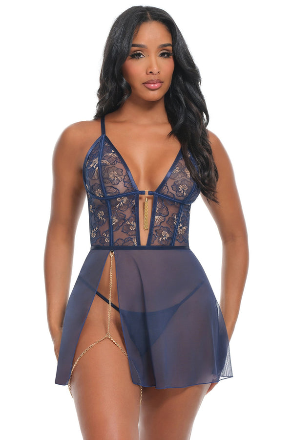 Bleu navy floral embroidered V-plunge babydoll front-facing