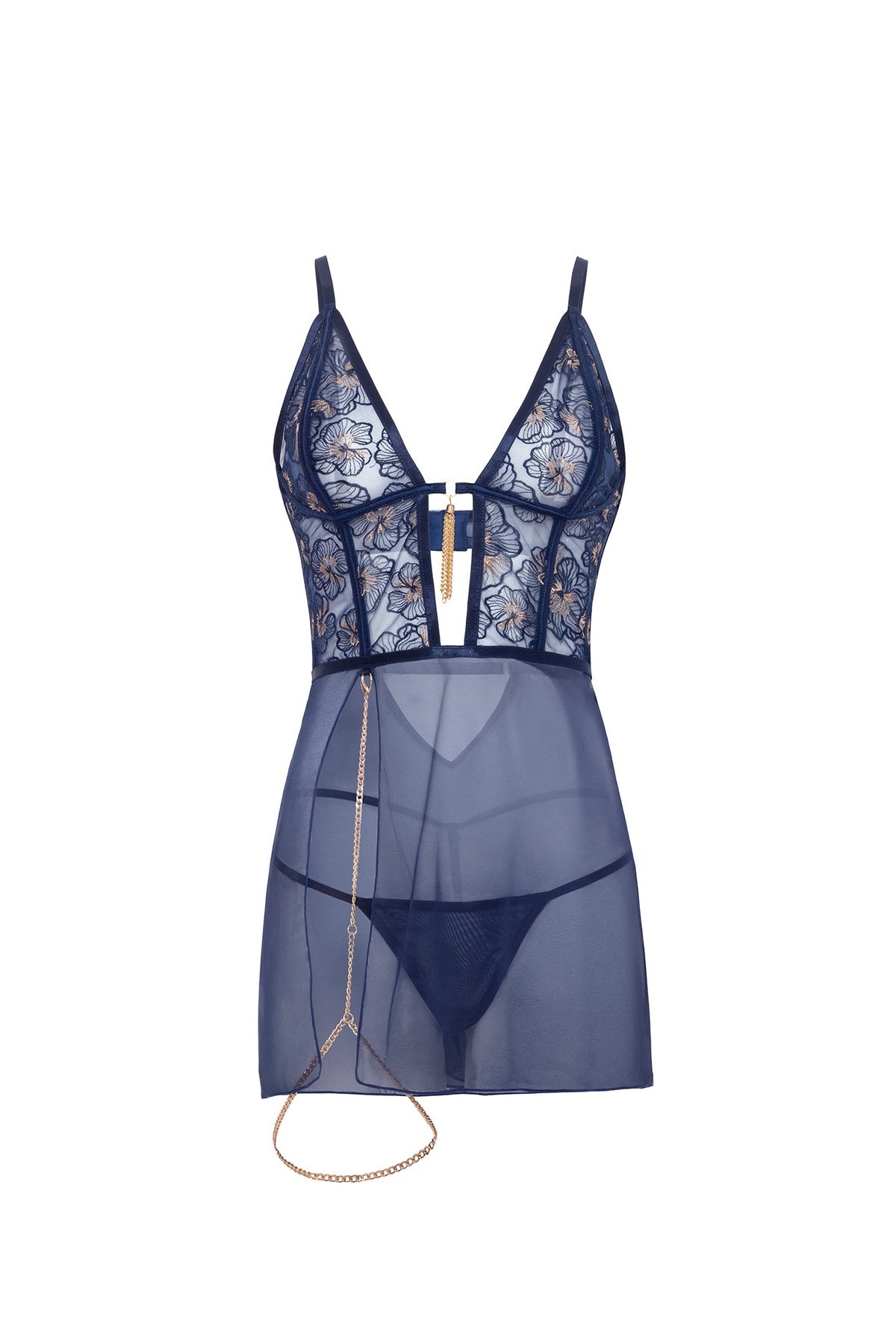 Bleu floral embroidered babydoll product photo with gold chain