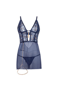 Bleu floral embroidered babydoll product photo with gold chain