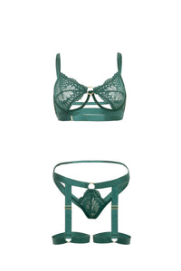 Darlene green open-cup shelf bra and harness thong, product front