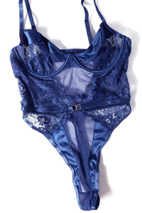 Doreen blue mesh and lace teddy flat lay