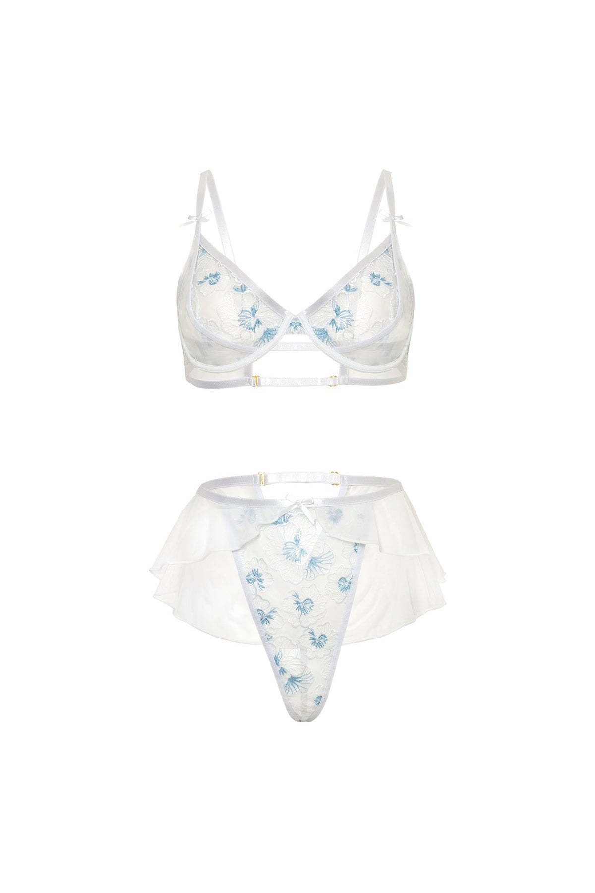 Elena white floral embroidered bra and skirted G-string flat front