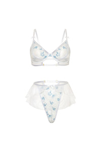 Elena white floral embroidered bra and skirted G-string flat front