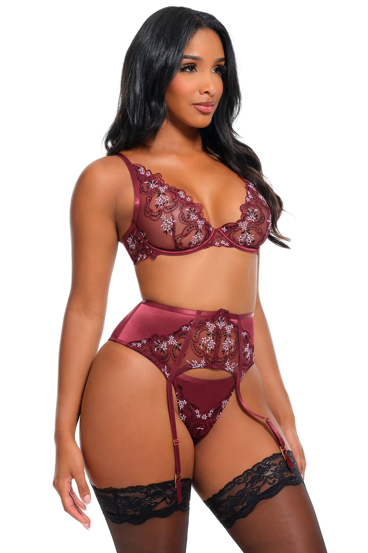 Eloise embroidered unlined underwire bra set in Burgundy, angled front view