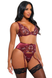 Eloise embroidered unlined underwire bra set in Burgundy, angled front view