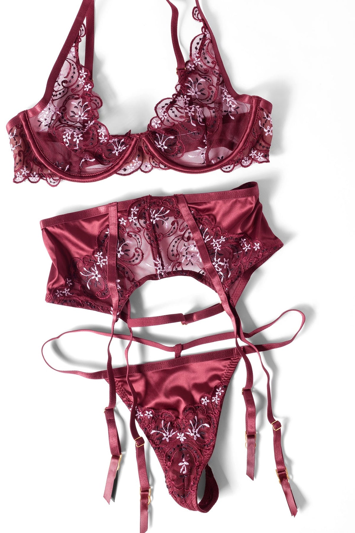 Eloise Burgundy three-piece bra, garter belt and thong, flat lay