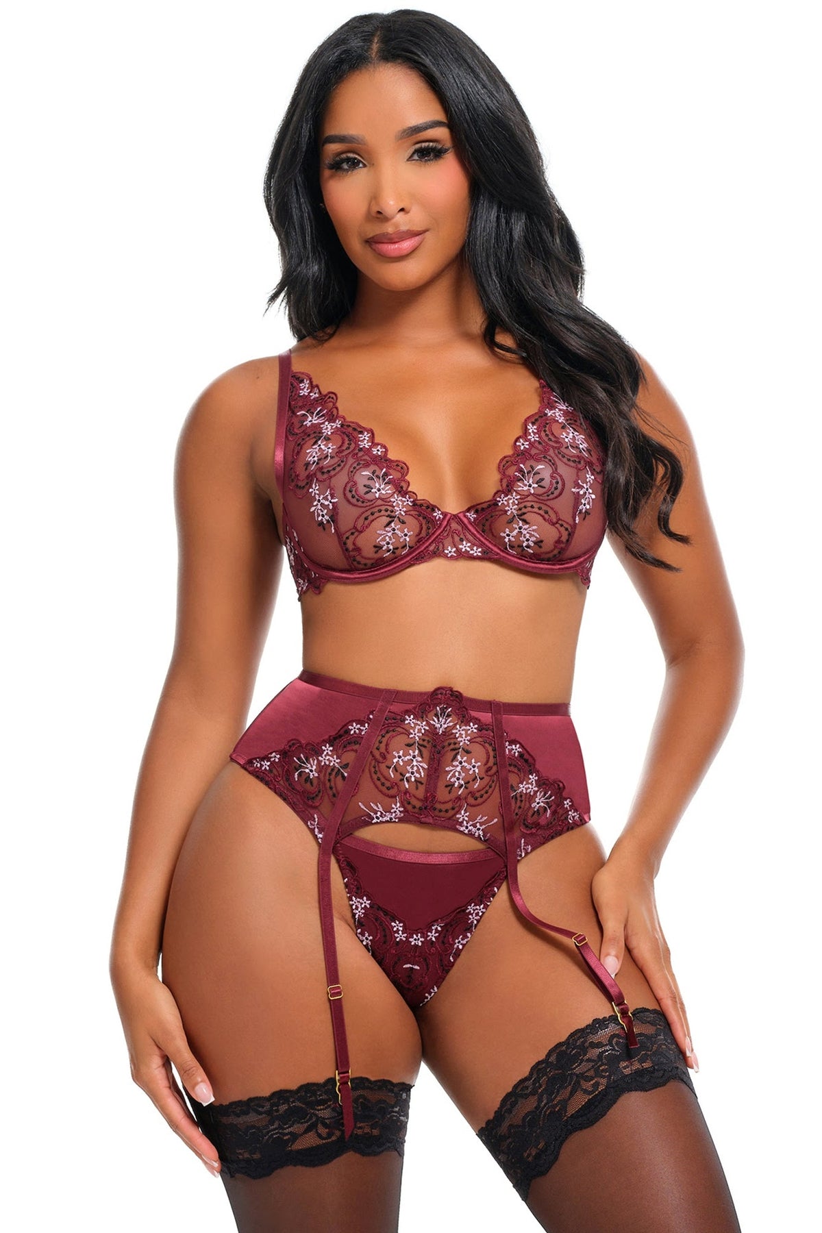 Eloise Floral Embroidered Bra Set in Burgundy, front view