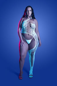 Plus Size Lights Get Low Bodystocking in white back view