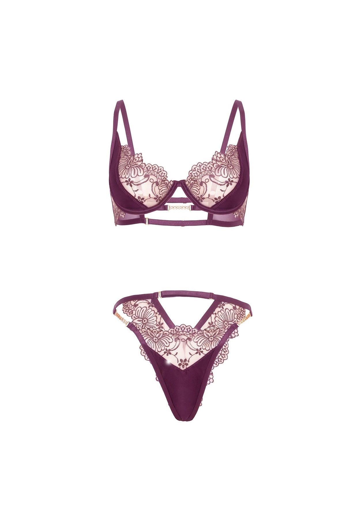 Loretta burgundy bra and thong product flat lay on white