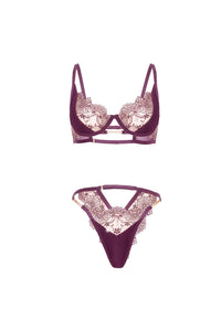 Loretta burgundy bra and thong product flat lay on white