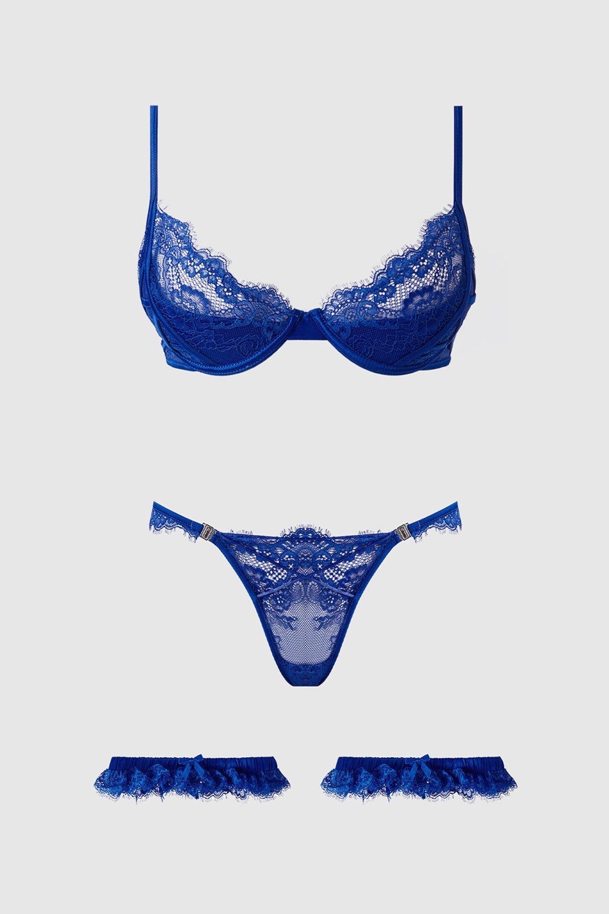 Madeline cobalt blue lace bra panty and garter set front view