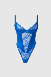 Madeline cobalt blue lace and satin high waist teddy front view