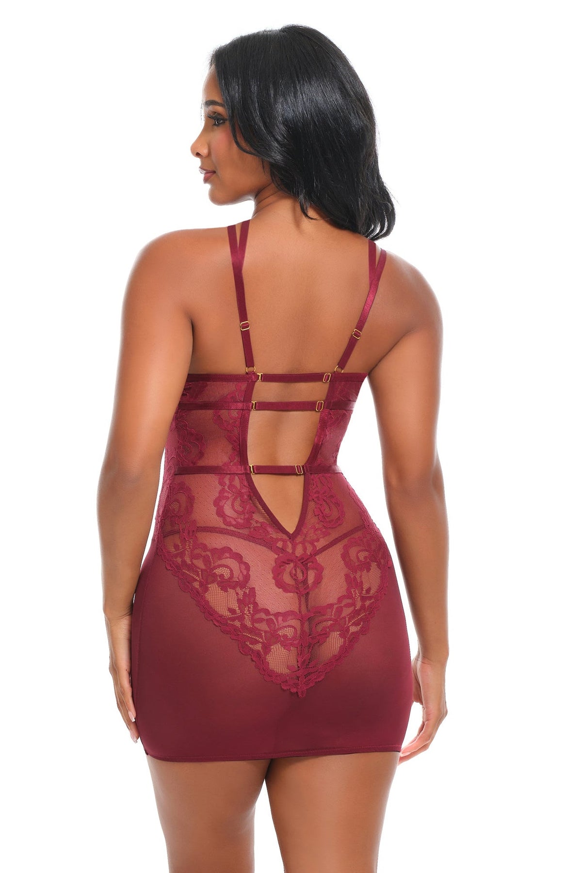 Marisol Sheer Lace Babydoll Set in Zinfandel, adjustable back straps and rear lace detail