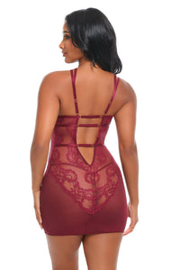 Marisol Sheer Lace Babydoll Set in Zinfandel, adjustable back straps and rear lace detail