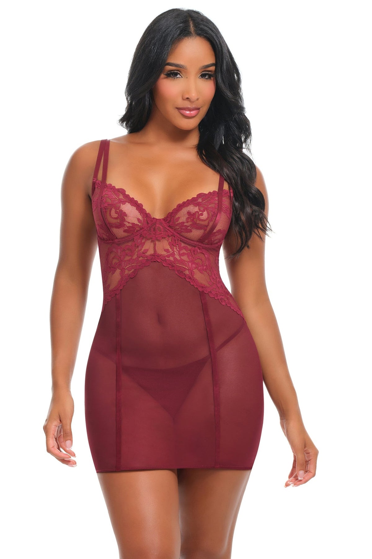 Marisol Sheer Lace Babydoll Set in Zinfandel, front-facing model