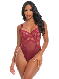 Marisol lace mesh teddy in Zinfandel, front on model