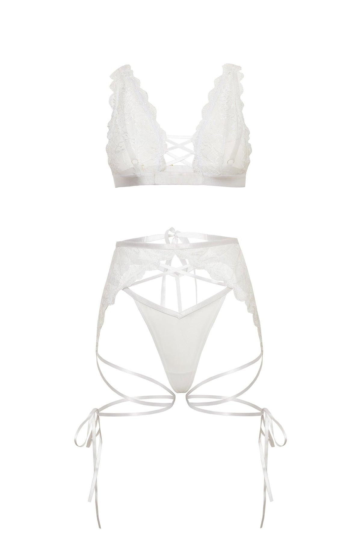 Naya white lace bra G-string and ribbon garter belt flat lay