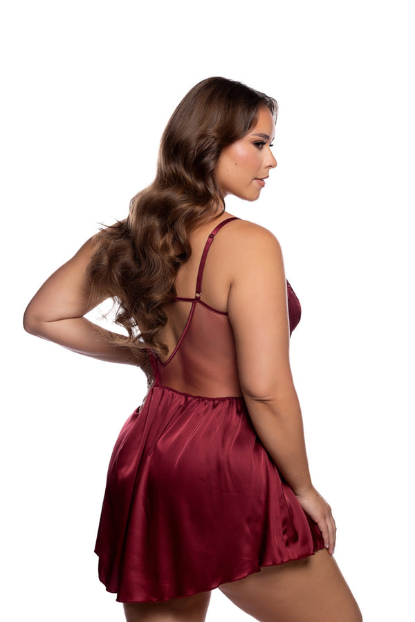 Plus size wine lace and satin babydoll - back