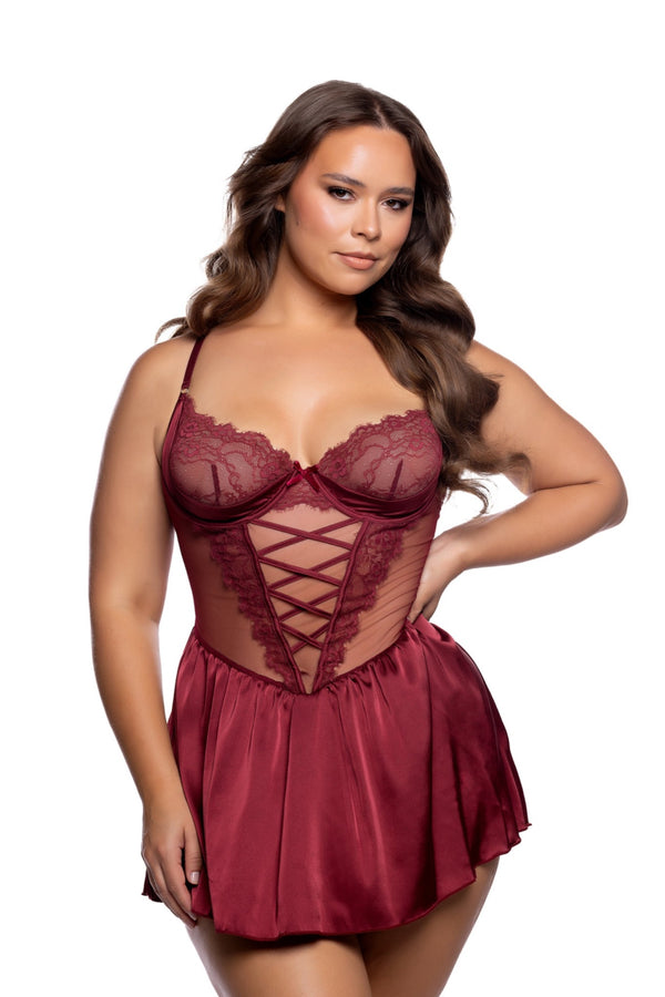 Plus size wine lace and satin babydoll - front