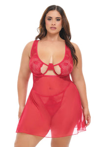 Tiana red lace babydoll in 1X/2X front on plus size model