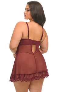 Valentine Lace Babydoll Set in Zinfandel, back plus-size model