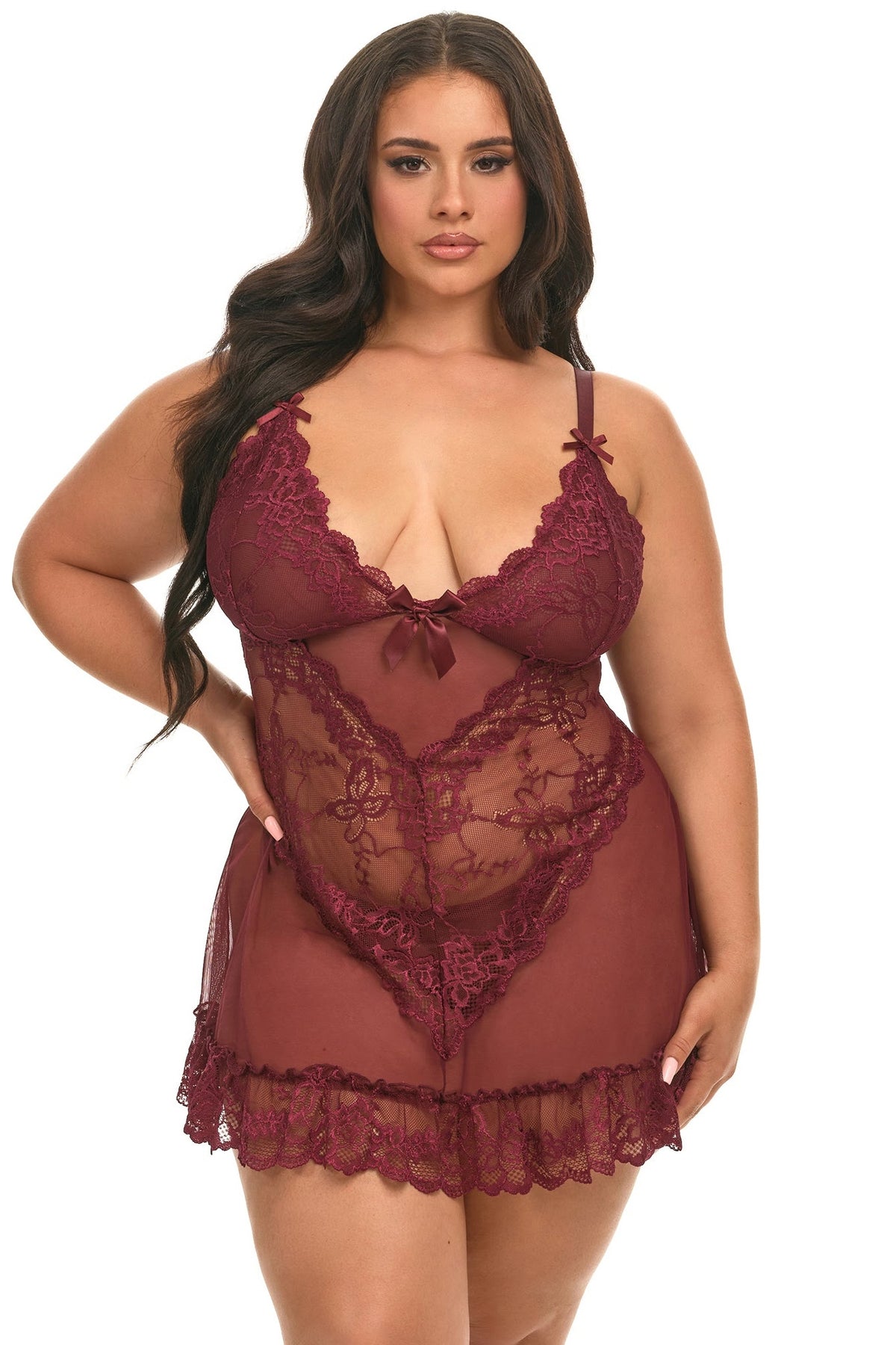 Plus Size Valentine babydoll Zinfandel front plus-size model