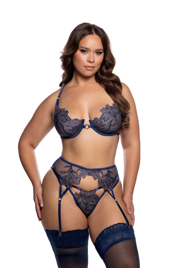 Plus size navy shimmering floral bra, garter belt and thong set - front