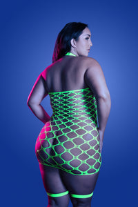 Plus Size Warning Sign Fishnet Dress in neon green back view