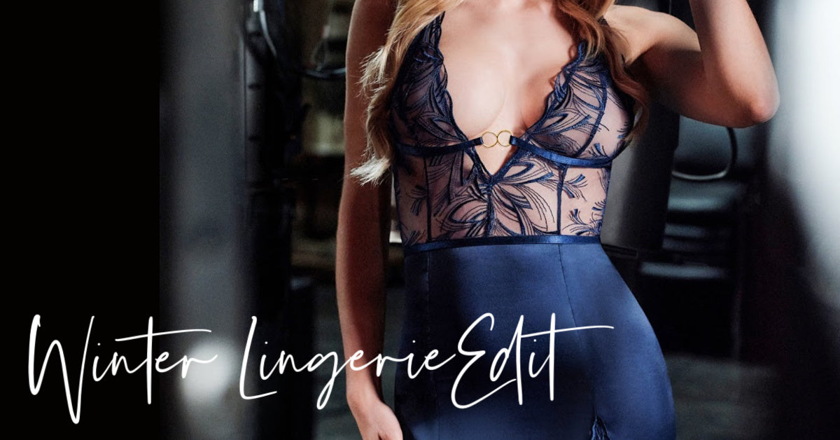Person wearing a lace lingerie set with text 'Winter Lingerie Edit' on a blurred background